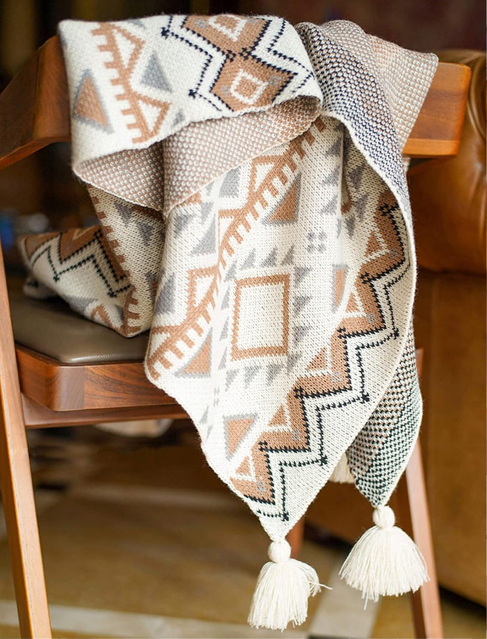 Boho Throw Blanket, Knitted Brown Tassel Throw Blankets, Soft Lightweight Vin...