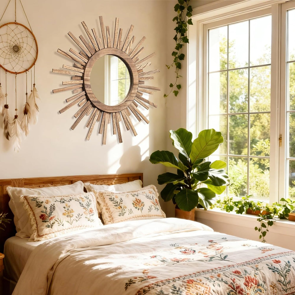 24 Inch Boho Sunburst Mirror, Round Wooden Wall Decor Starburst Sun Mirror fo...