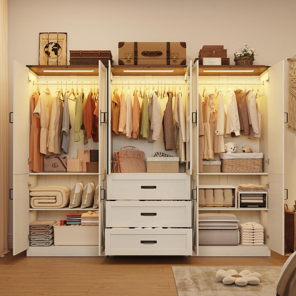 75" Tall Farmhouse 6 Doors Armoire Wardrobe Closet with 3 Drawers and LE...