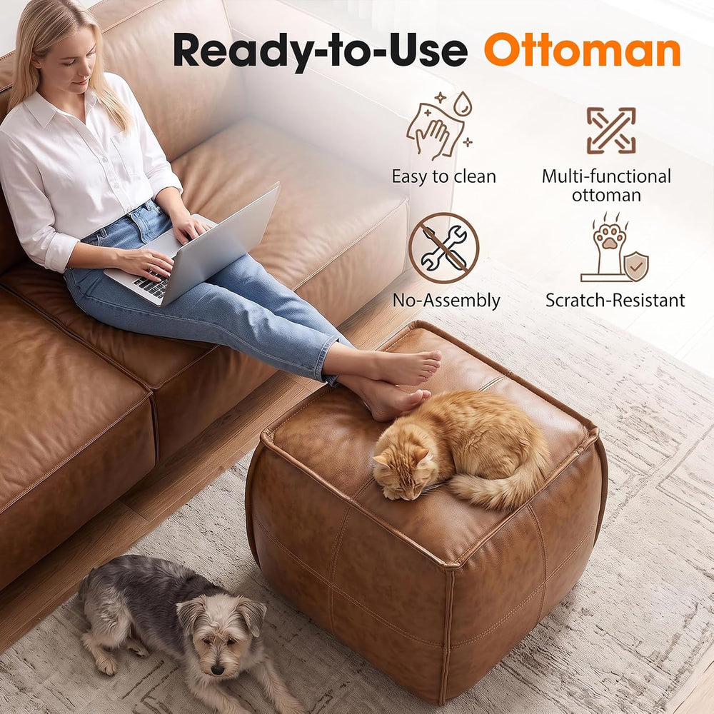 Genuine Leather Square Ottoman,Pouf for Living Room (Brown, Square)