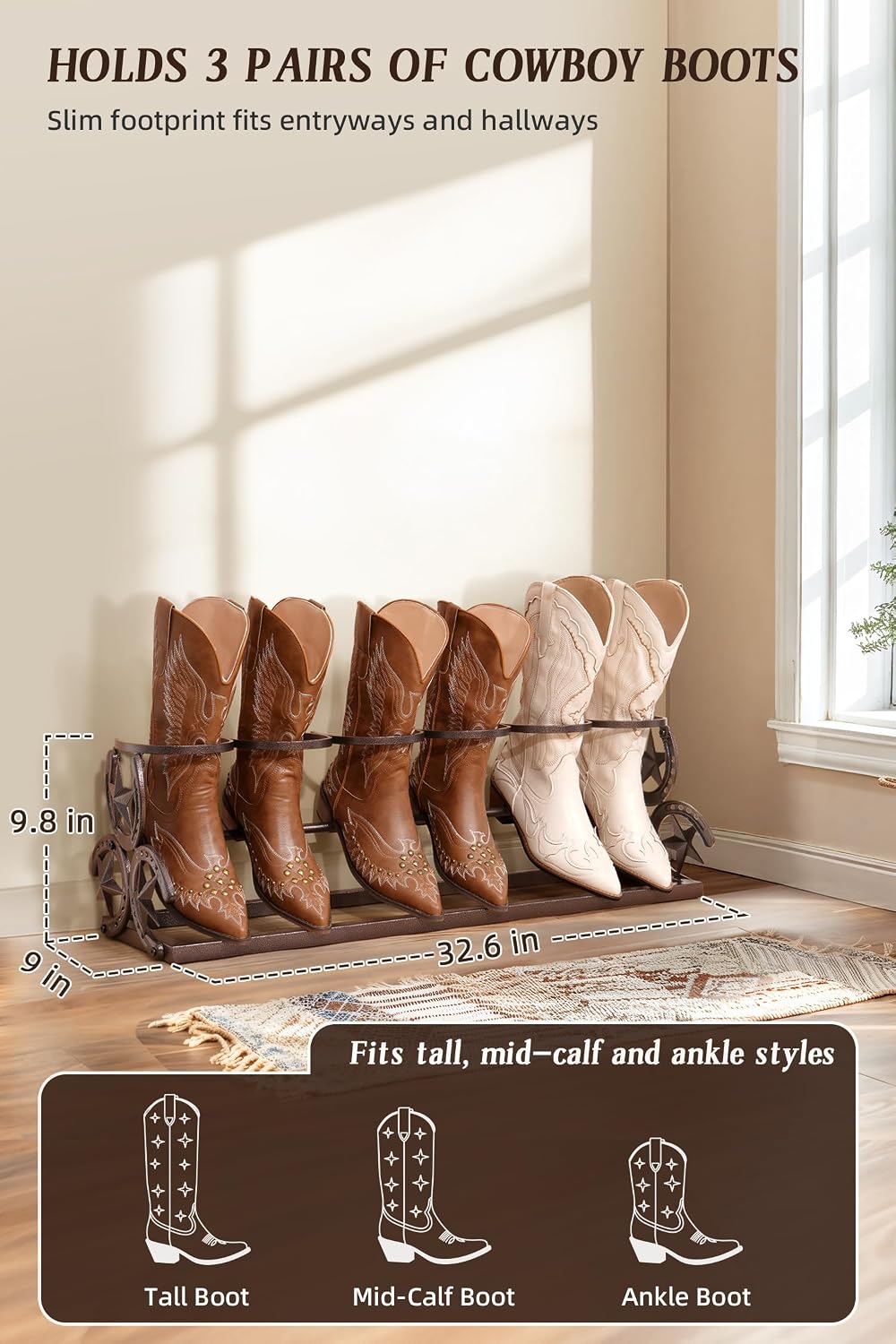 Western Horseshoe Boot Rack, 3 Pairs Freestanding Metal Boot Stand, Bronze | ...