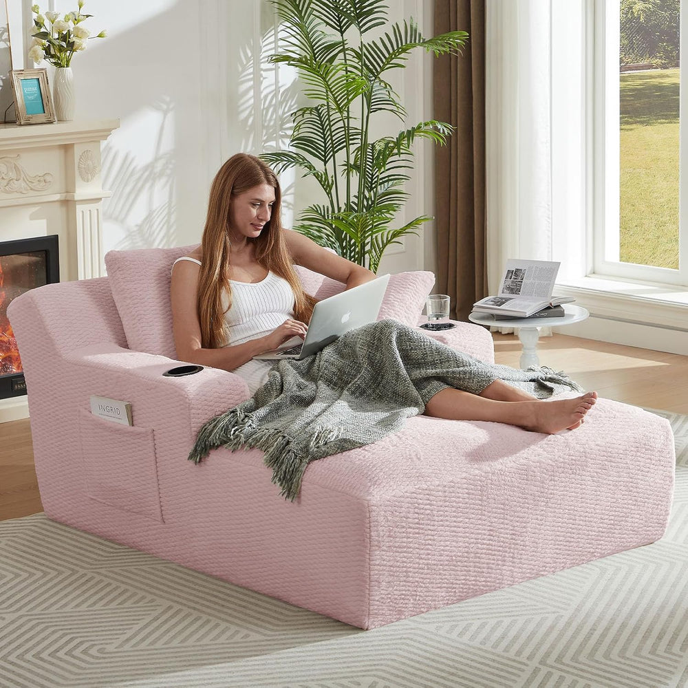 LUCKHAO 49.2" Oversized Chaise Lounge Chair Indoor,Faux Fur Boneless Rea...