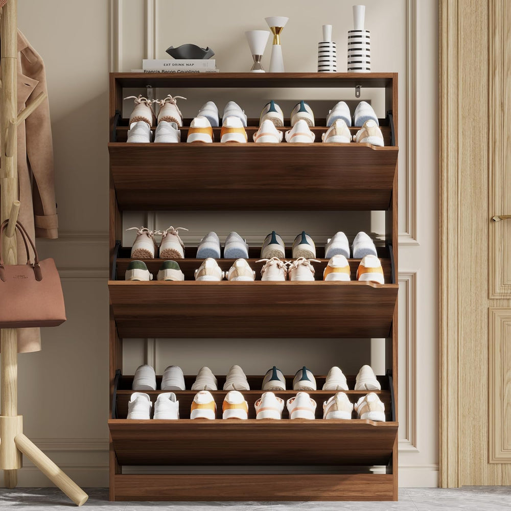 Xixini Shoe Storage Cabinet for Entryway with 3 Flip Drawers, Sturdy Wood Hid...
