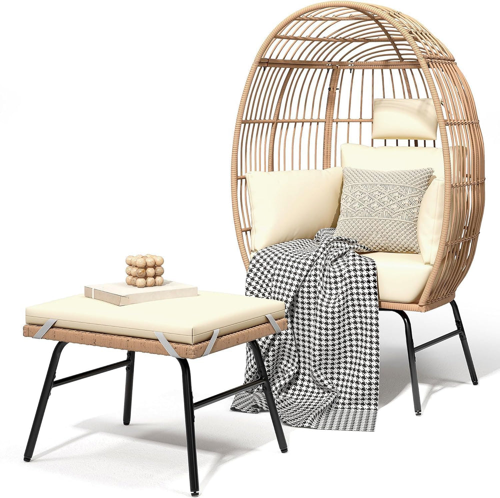 YITAHOME Accent Living Room Egg Chair w/ 2-in-1 Ottoman, Wicker Oversized Bas...