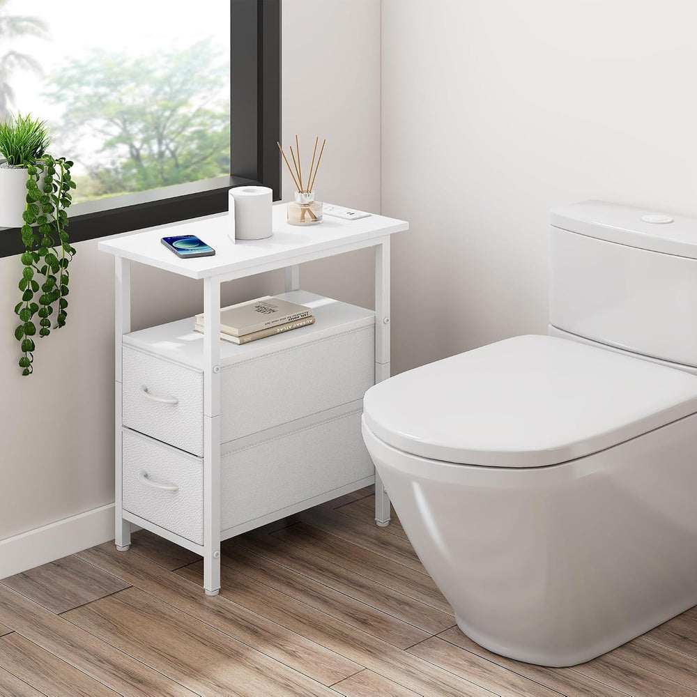 Vagusicc White Nightstand with Charging Station and LED Lights, Narrow Side T...