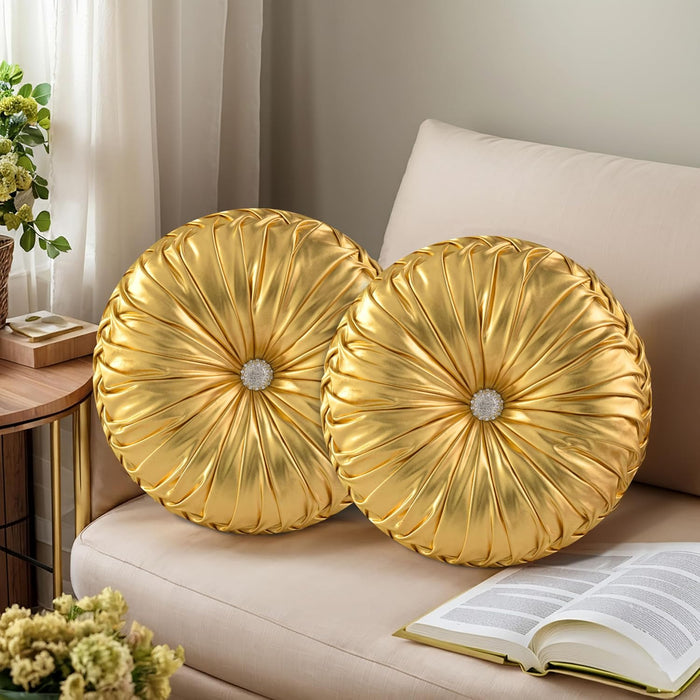HIG Set of 2 Handcrafted Gold Ruched Round Throw Pillows – 14.5’’ Metallic