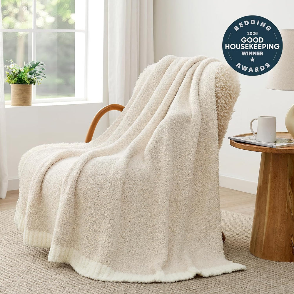 Snuggle Sac Buttery Ivory Throw Blanket for Couch, Reversible Super Soft Knit...