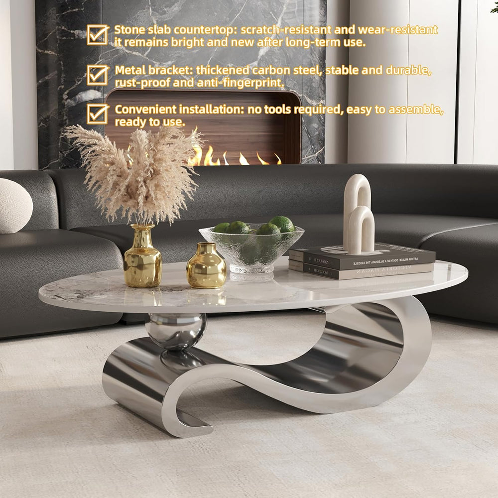 52" Oval Marble Coffee Table for Living Room, Modern Stainless Steel Sil...