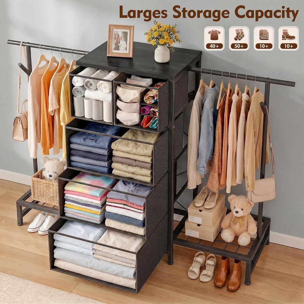 3-in-1 White Dresser with Hanging Rack, 5 Drawers & 2 Shoe Racks