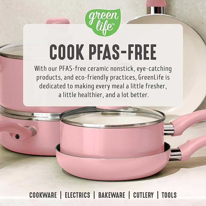 GreenLife 16-Piece Nonstick Cookware Set, Non-Toxic Ceramic Pots and Pans Set