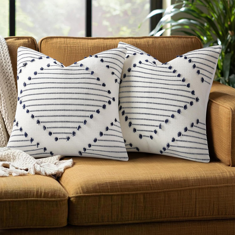 Mecatny Boho Outdoor Throw Pillow Covers 20x20 Set of 2 Navy & Cream White
