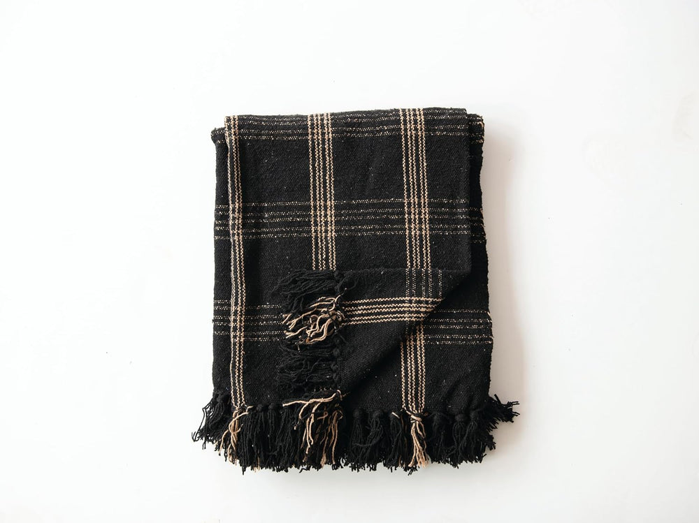 Plaid Black & Tan Fringed Woven Cotton Blend Throw