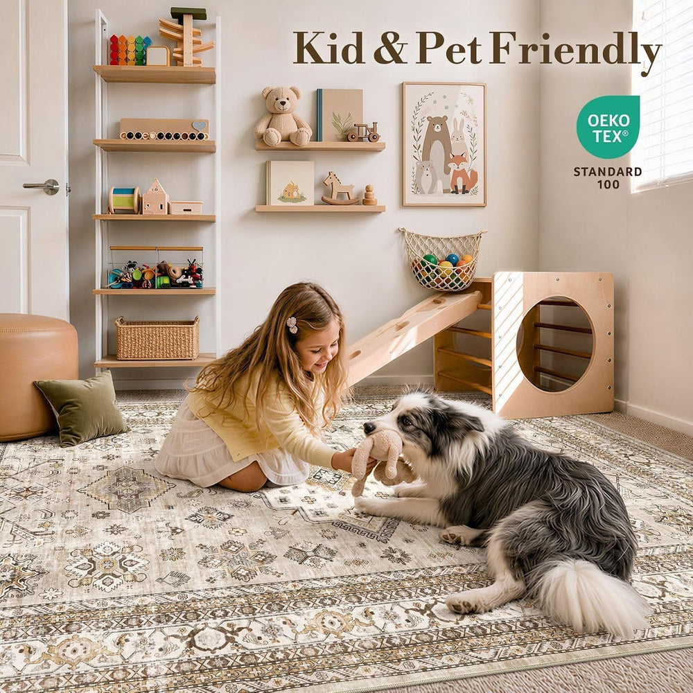 cotiled 6x9 Area Rug for Living Room, Washable, Traditional, Beige