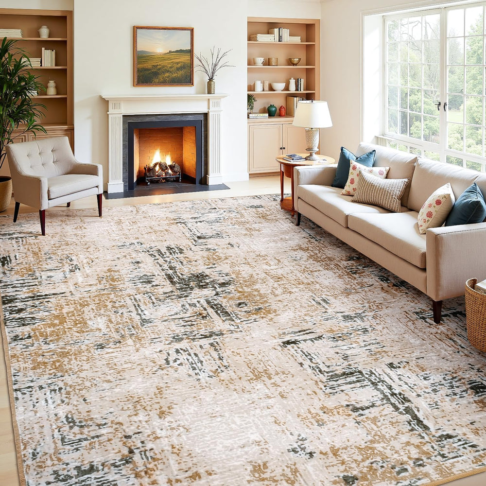 Rugflix 8x10 Washable Area Rugs, Neutral Boho Carpet Living Room Rug Non Slip