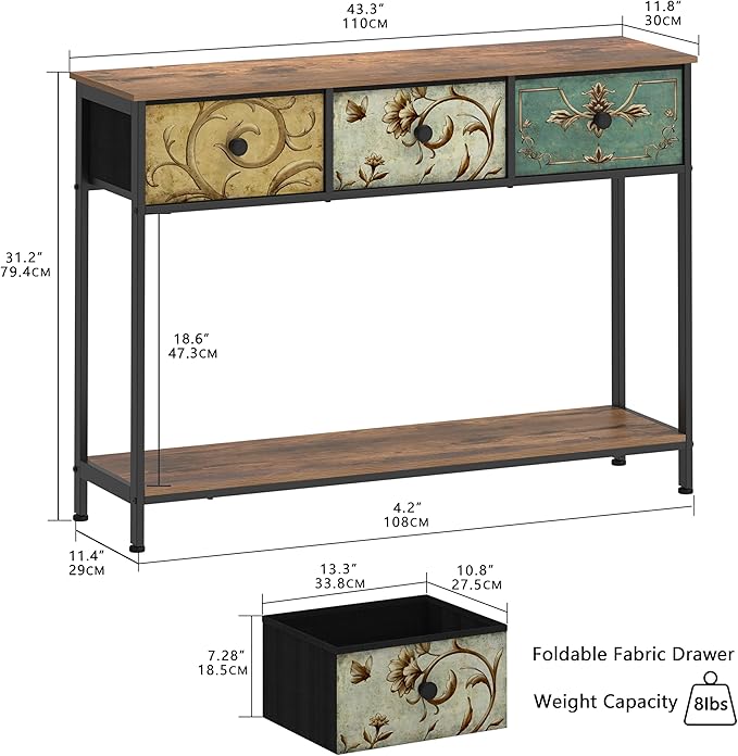 Tohomeor Entryway Console Table with 3 Retro Flowers Fabric Drawers Boho Narr...