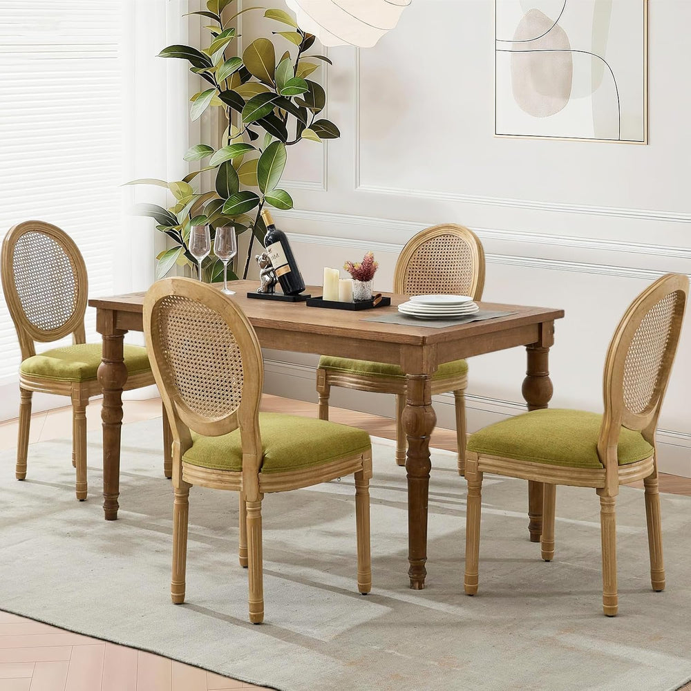 Rattan Back Upholstered Dining Chairs Set of 4 French Country Oval Kitchen Si...