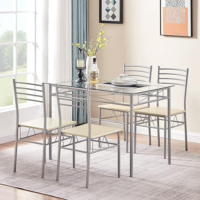 VECELO Kitchen Dining Room Table and Chairs 4, 5-Piece Dinette Sets, Space Sa...