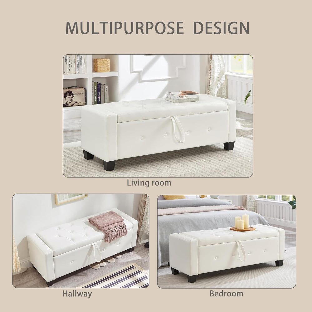 48" Storage Ottoman Bench, Ivory White | Faux Leather, Lift Top, For Liv...