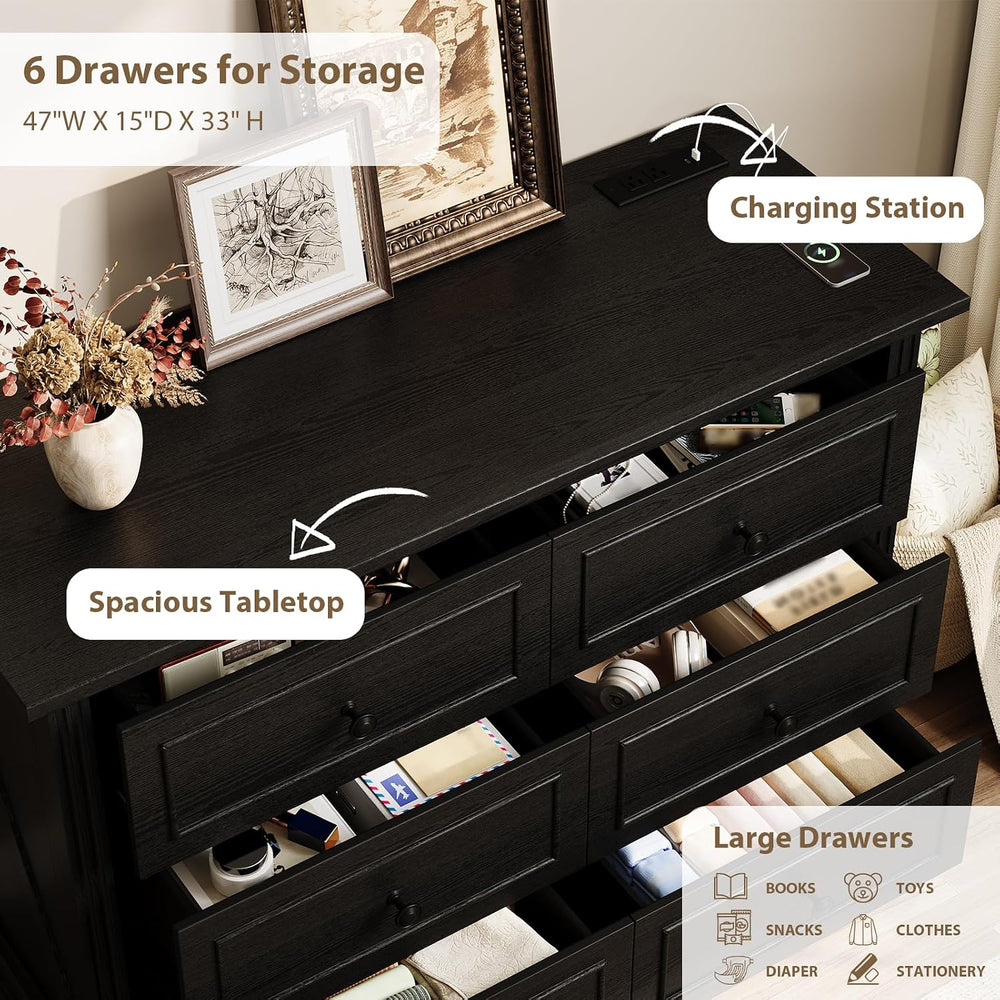 Farmhouse 6 Drawer Dresser for Bedroom, 47" Wide Wood Chest of Drawers w...