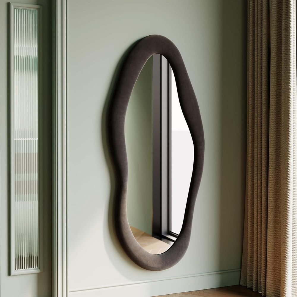 Honyee 55" x 24" Wavy Mirror, Flannel Wrapped Wooden Frame, Irregul...