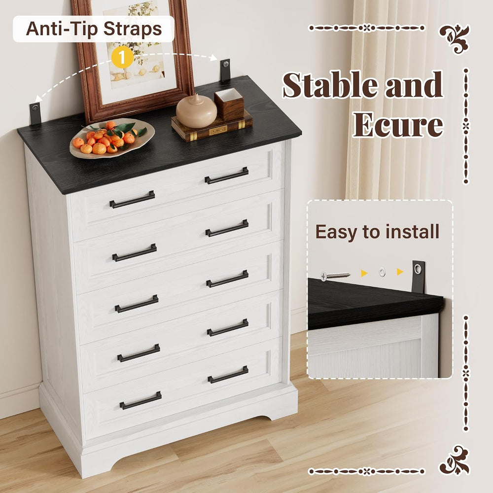 Furmax Farmhouse Dresser for Bedroom, 5 Drawers Dresser, White & Black