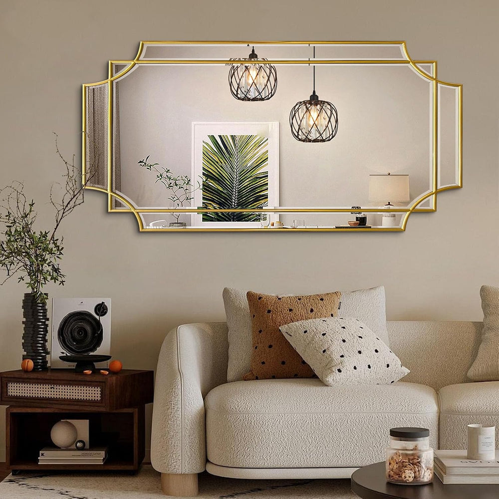 47"x24" Large Gold Rectangle Beveled Mirror with Geometric Frame