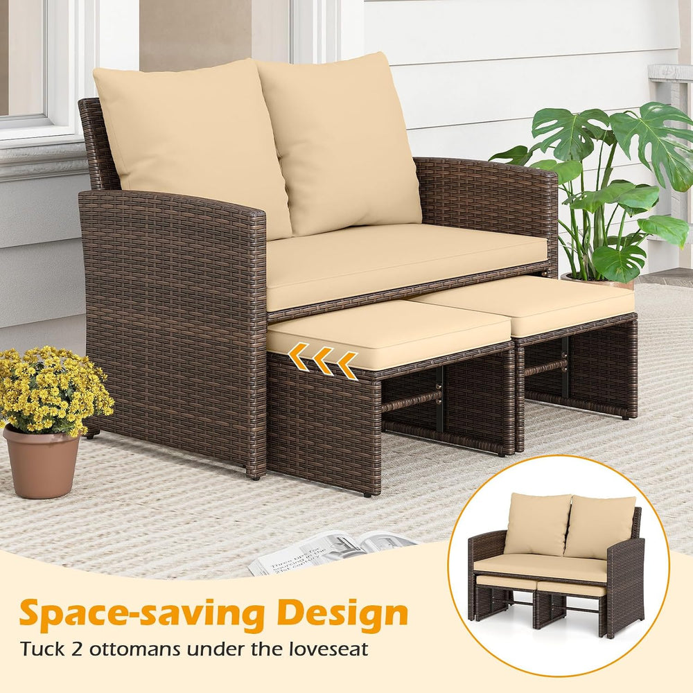 Tangkula Outdoor Loveseat with 2 Ottomans, 3 Pieces Patio PE Wicker Furniture...