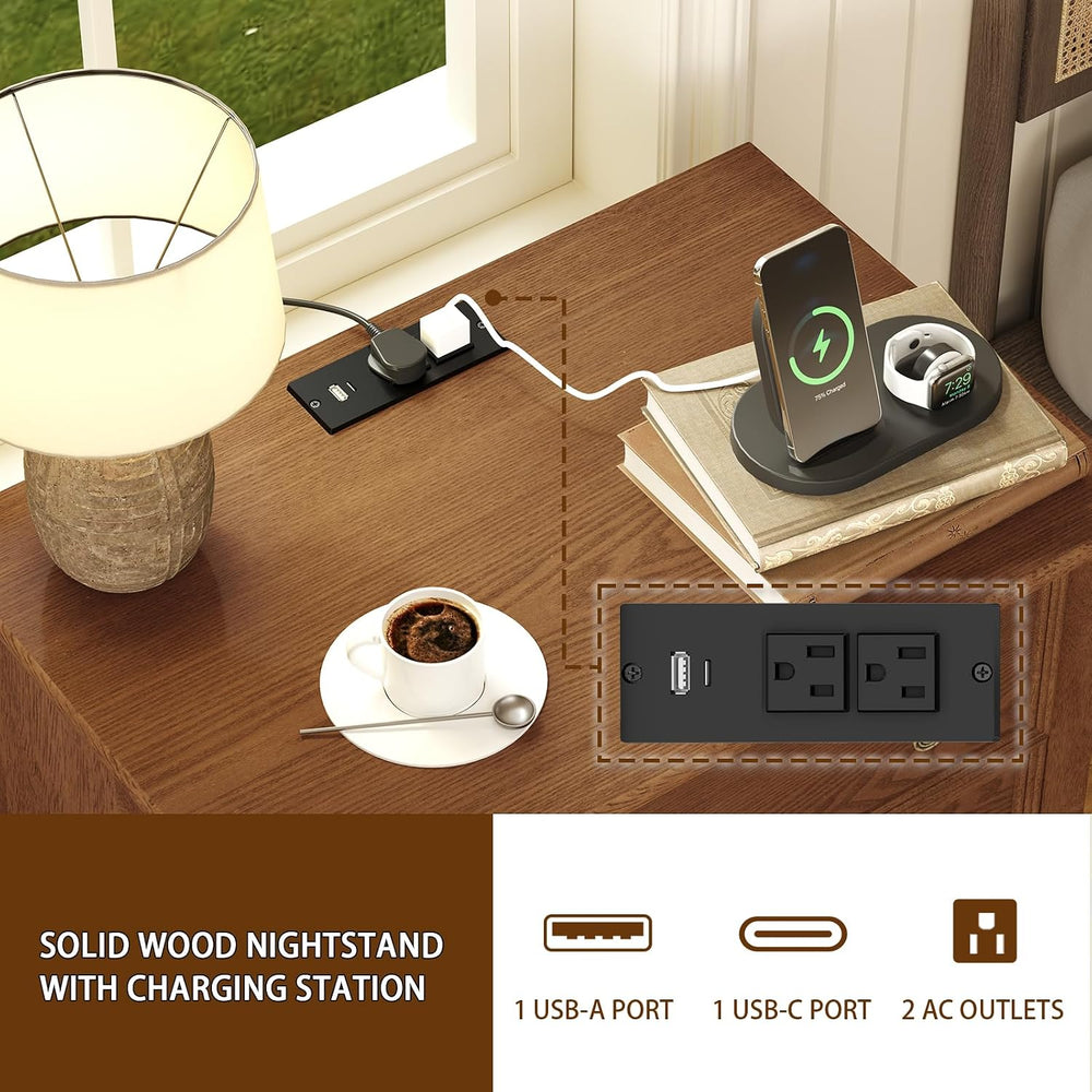 IKENO Solid Wood Nightstand with Charging Station, Farmhouse End Table with 2...