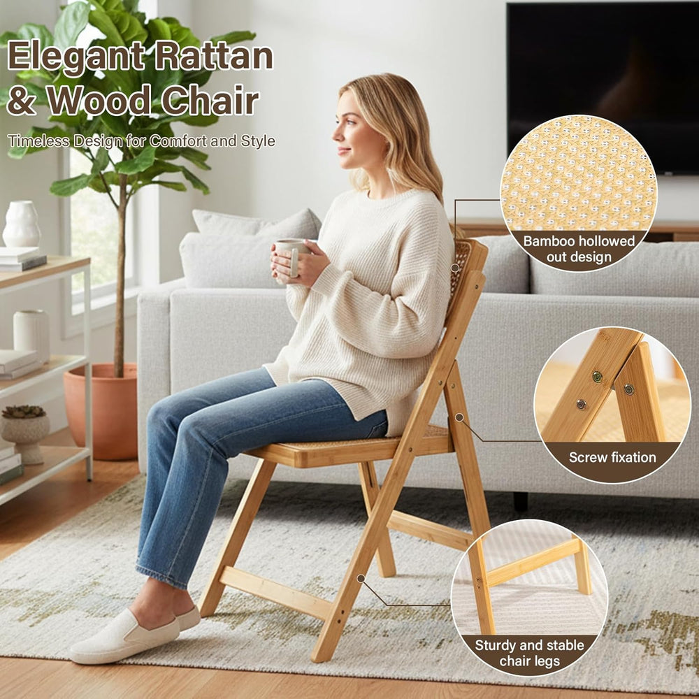 Furlide Rattan Folding Chair, Bamboo Dining Chair for Kitchen, Wood