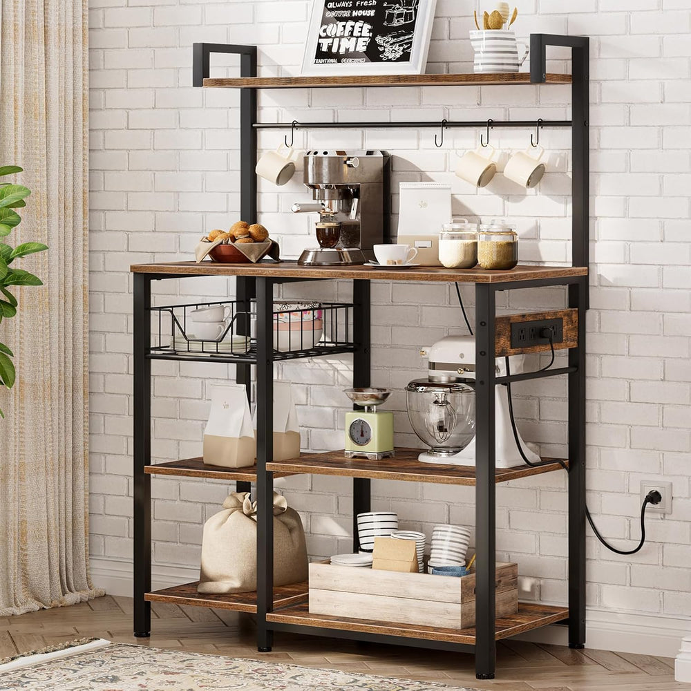 HOOBRO Bakers Rack with Power Outlet, 35.4 Inches Coffee Bar with Mesh Basket...