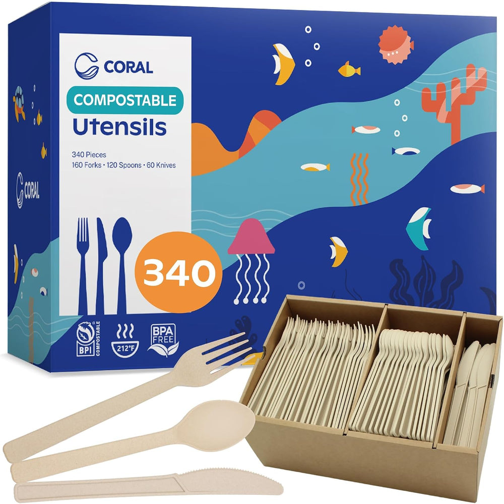 CORAL Light Brown 100% Compostable Silverware Set 340 Pieces