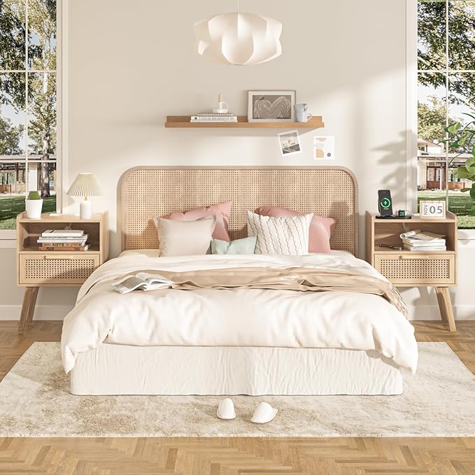 Lerliuo Rattan Nightstands Set of 2 with Charging Station, Boho Night Stand w...