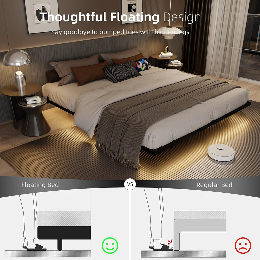California king floating bed frame with Charging Station & Smart LED Lights