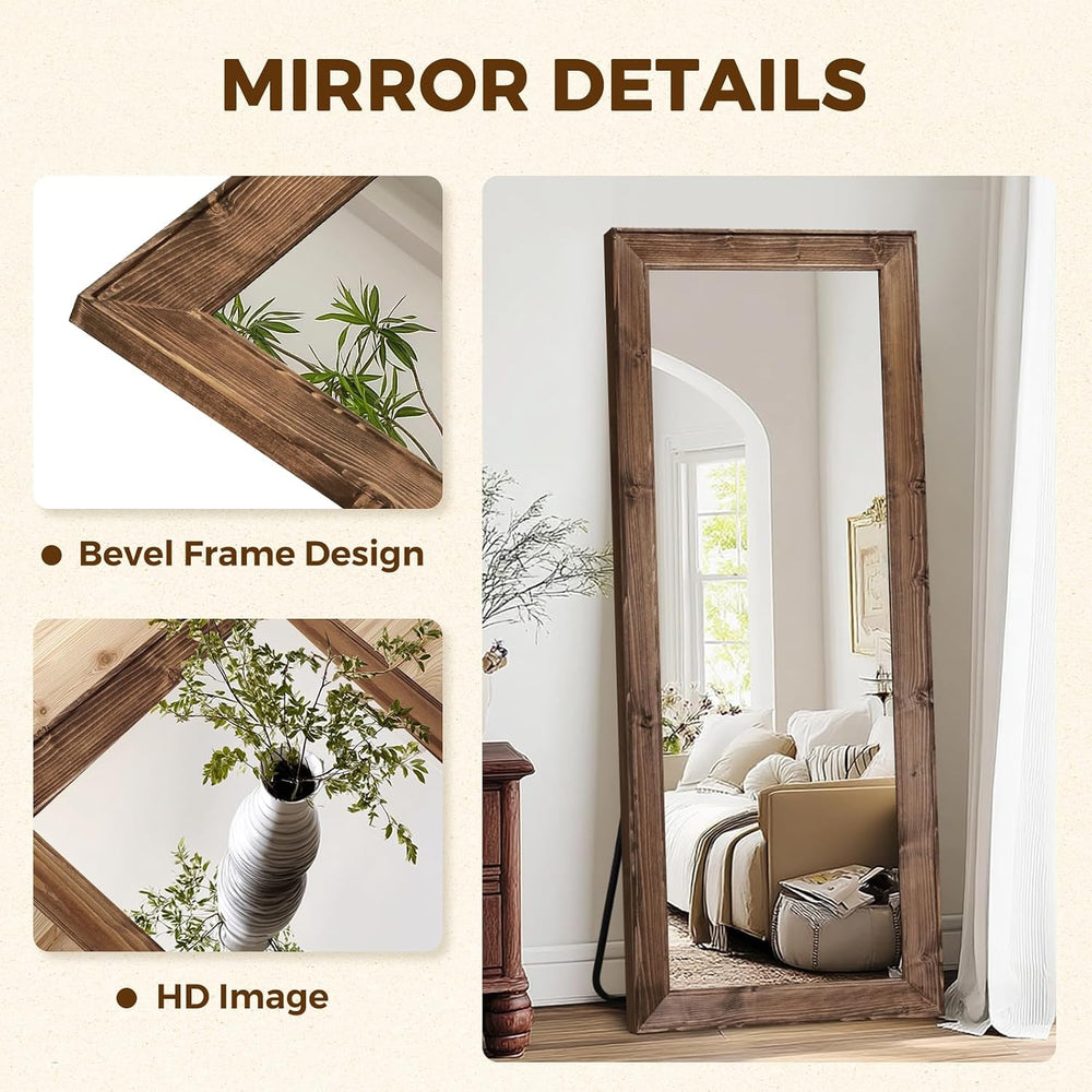 65x24in Full Length Mirror, Rustic Brown Beveled Wood Frame