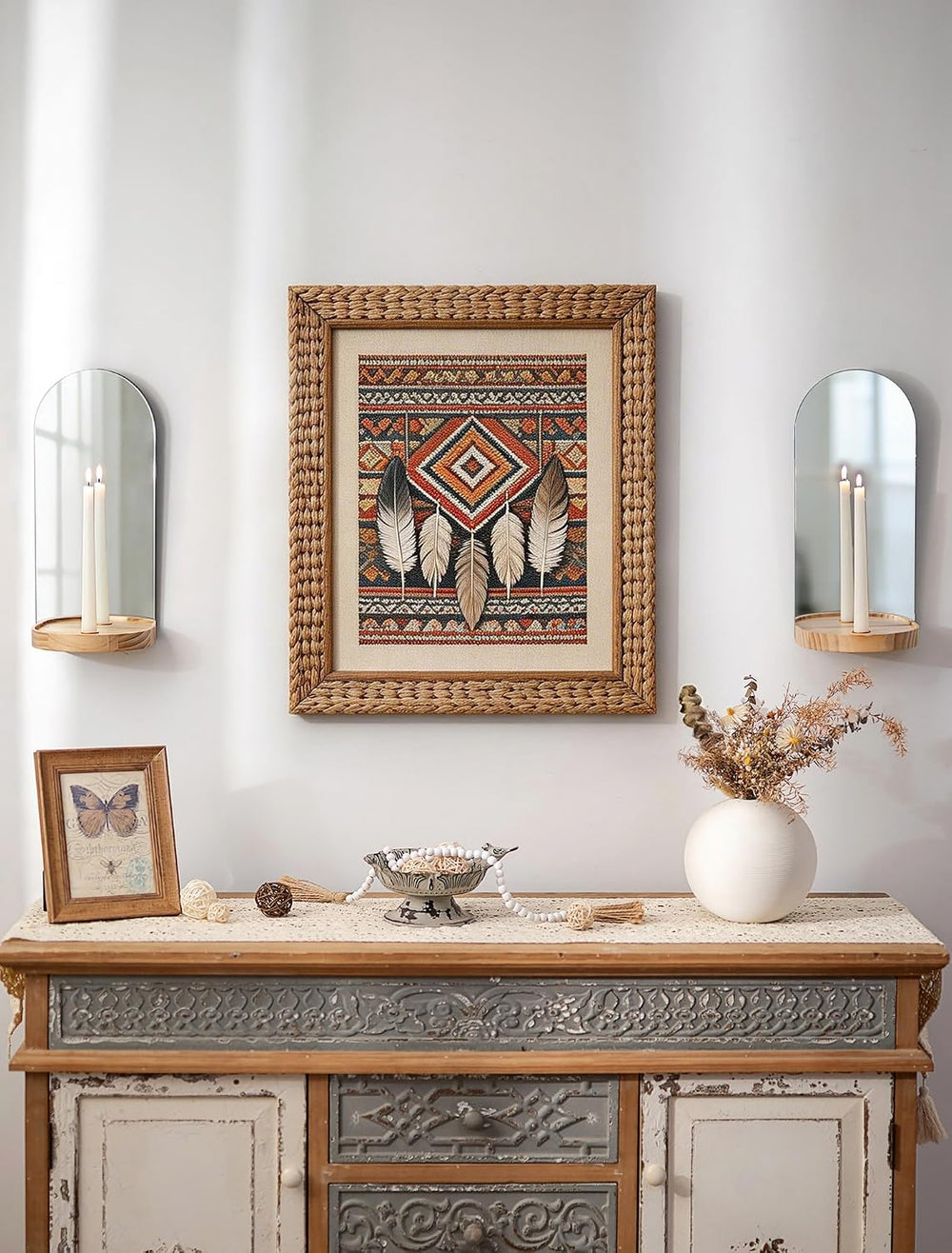 Arch Mirror Wall Candle Holder Set of 2 with Natural Wood Shelf