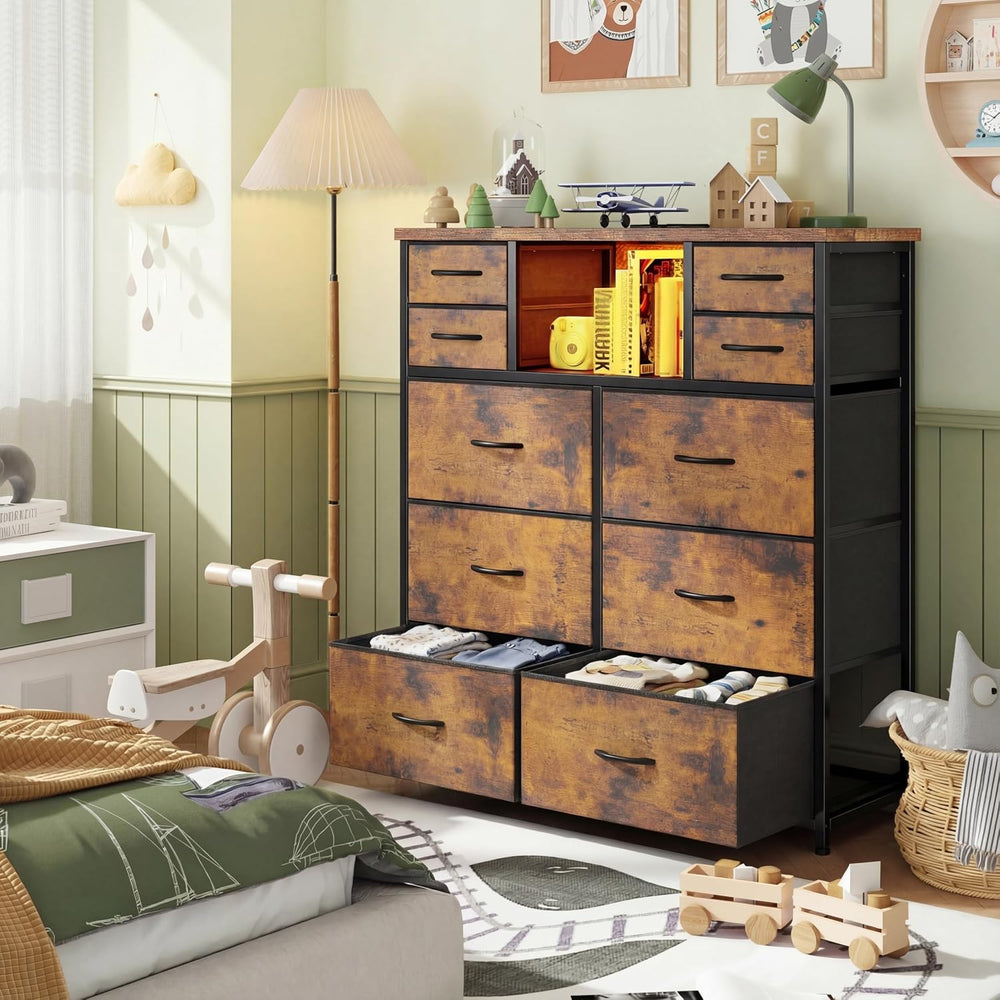 Dresser for Bedroom with Charging Station & LED Light, 10 Drawers