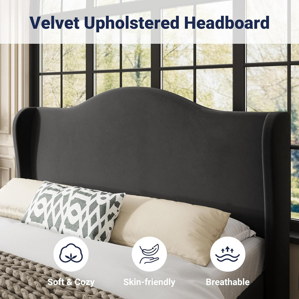 Allewie Full Size Bed Frame, Plush Velvet Wingback, Modern Style, Black
