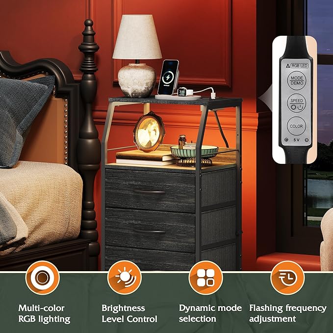 WLIVE Nightstand with Charging Station, Black Night Stand with LED Light, Tal...