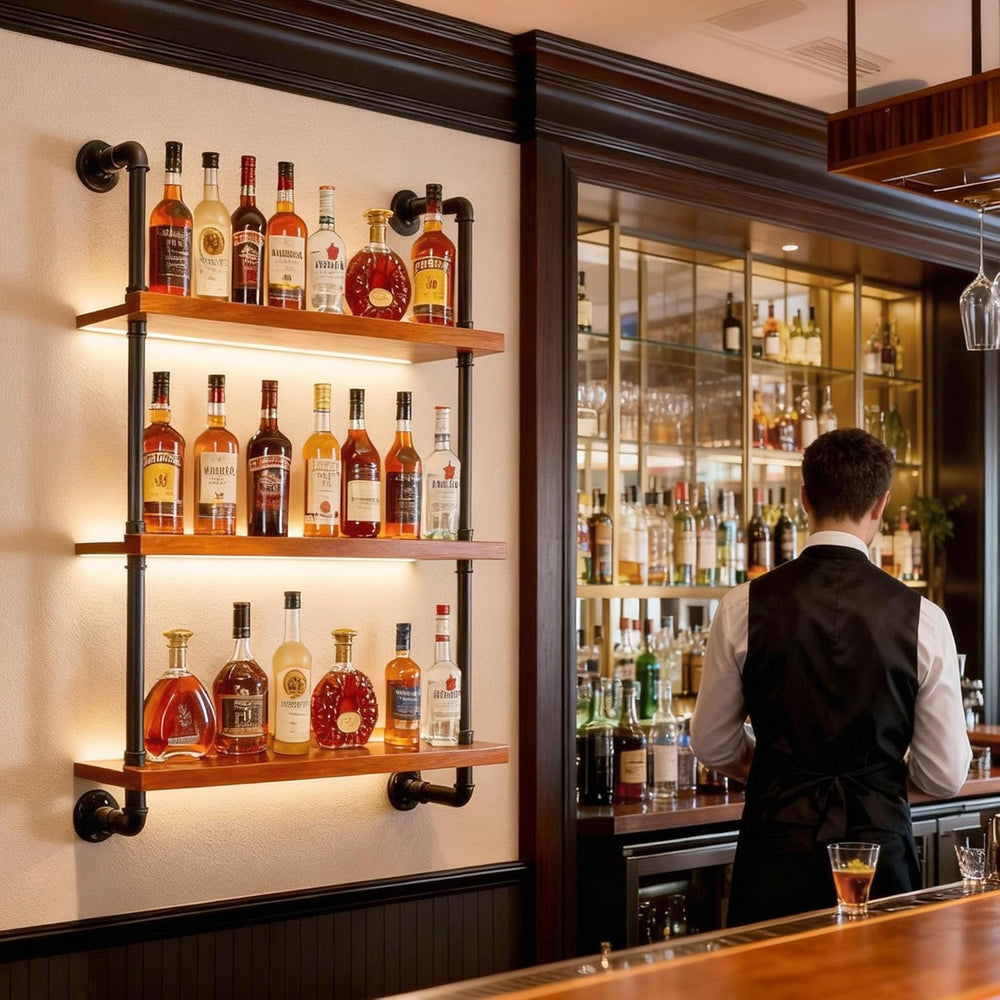 32" Wine Rack Wall Mounted with LED Lights, 3-Tiers Wall Bar Shelves | S...