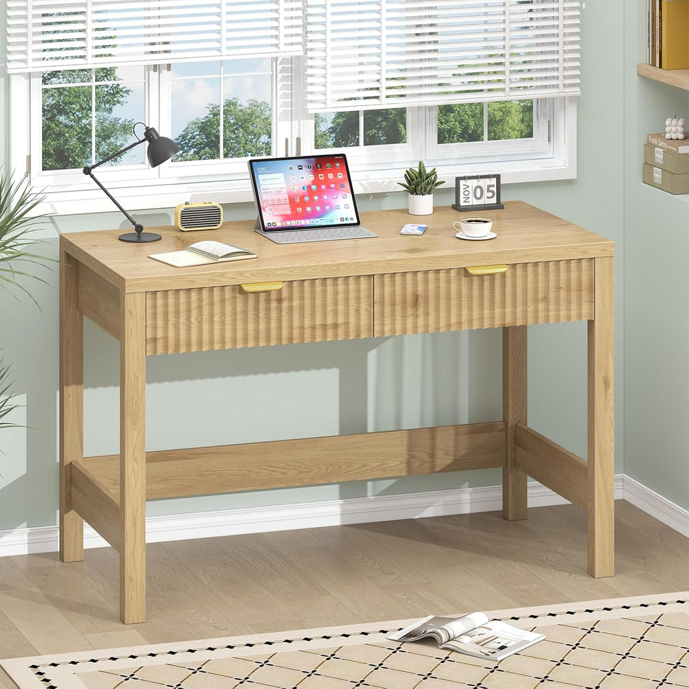 YOMILUVE Fluted Computer Desk with 2 Drawers, 39 Inch Small Computer Desk wit...