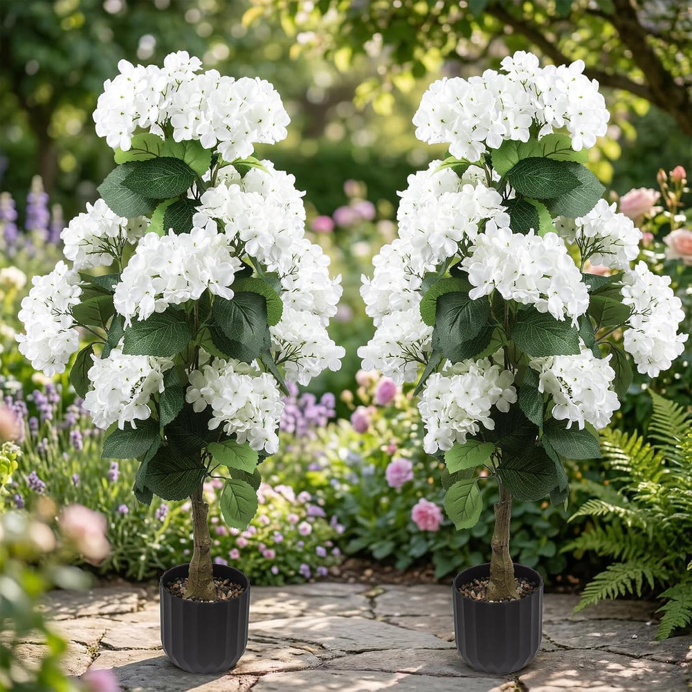 2 Pcs 3 Ft Artificial Hydrangea Trees Faux Potted Topiary for Outdoor