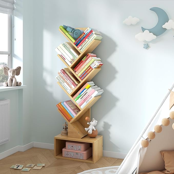 Hoctieon 6 Tier Tree Bookshelf, Tall Bookcase with Drawer, Freestanding Book ...
