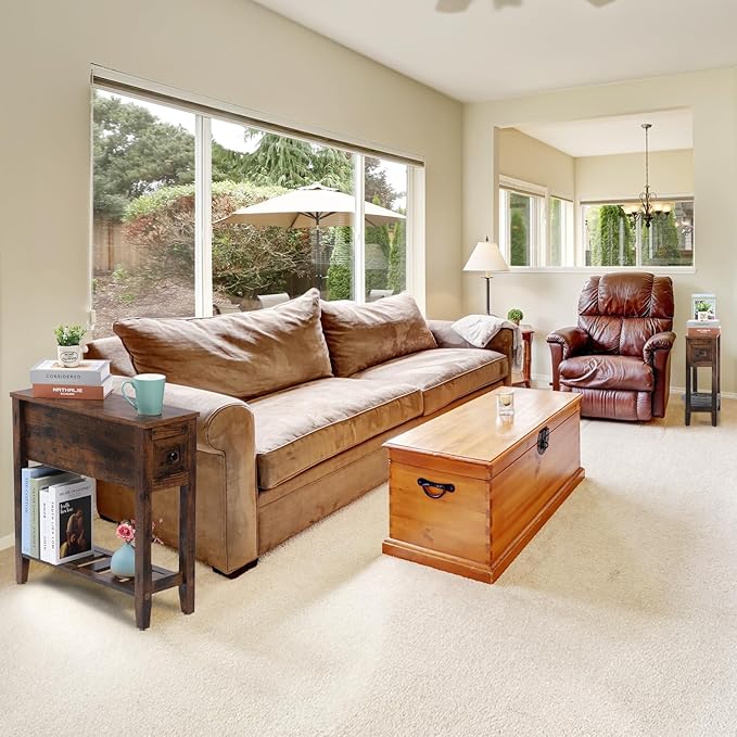 Brown 2 Pack Chairside Narrow End Table with Drawer, Solid Recliner Side Tabl...