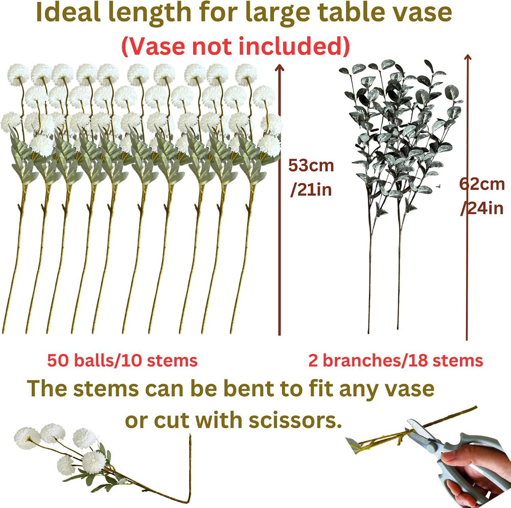 RyddeligHome White Faux Kiku Flowers for Vase(NOT Included) - 12 Long Stems