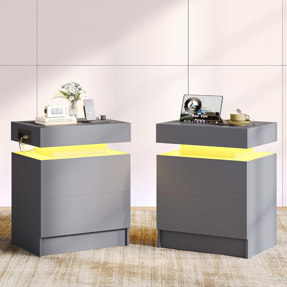 LIKIMIO Nightstand Set of 2 with Charging Station LED Light 2 Drawers Grey