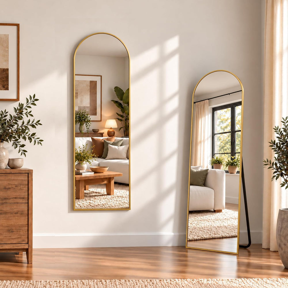 Suidia 56"x15" Arched Full Length Mirror With Stand, Gold Floor Mirror