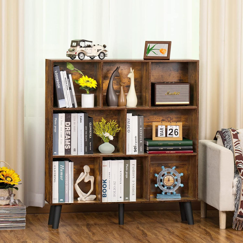 LEYAOYAO 8 Cube Bookshelf,3 Tier Bookcase with Legs,Rustic Brown Mid-Century ...
