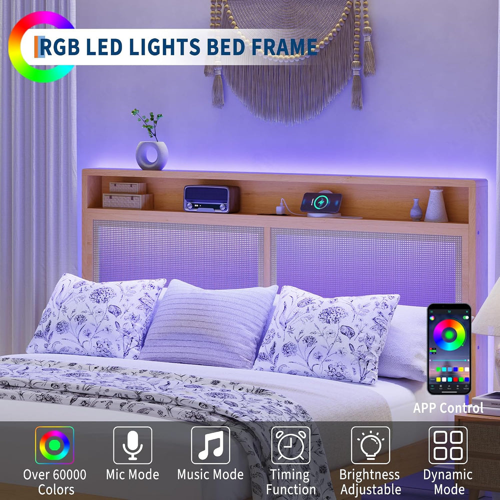 IDEALHOUSE Rattan Queen Bed Frame with Natural Rattan Headboard,Bohemian Quee...