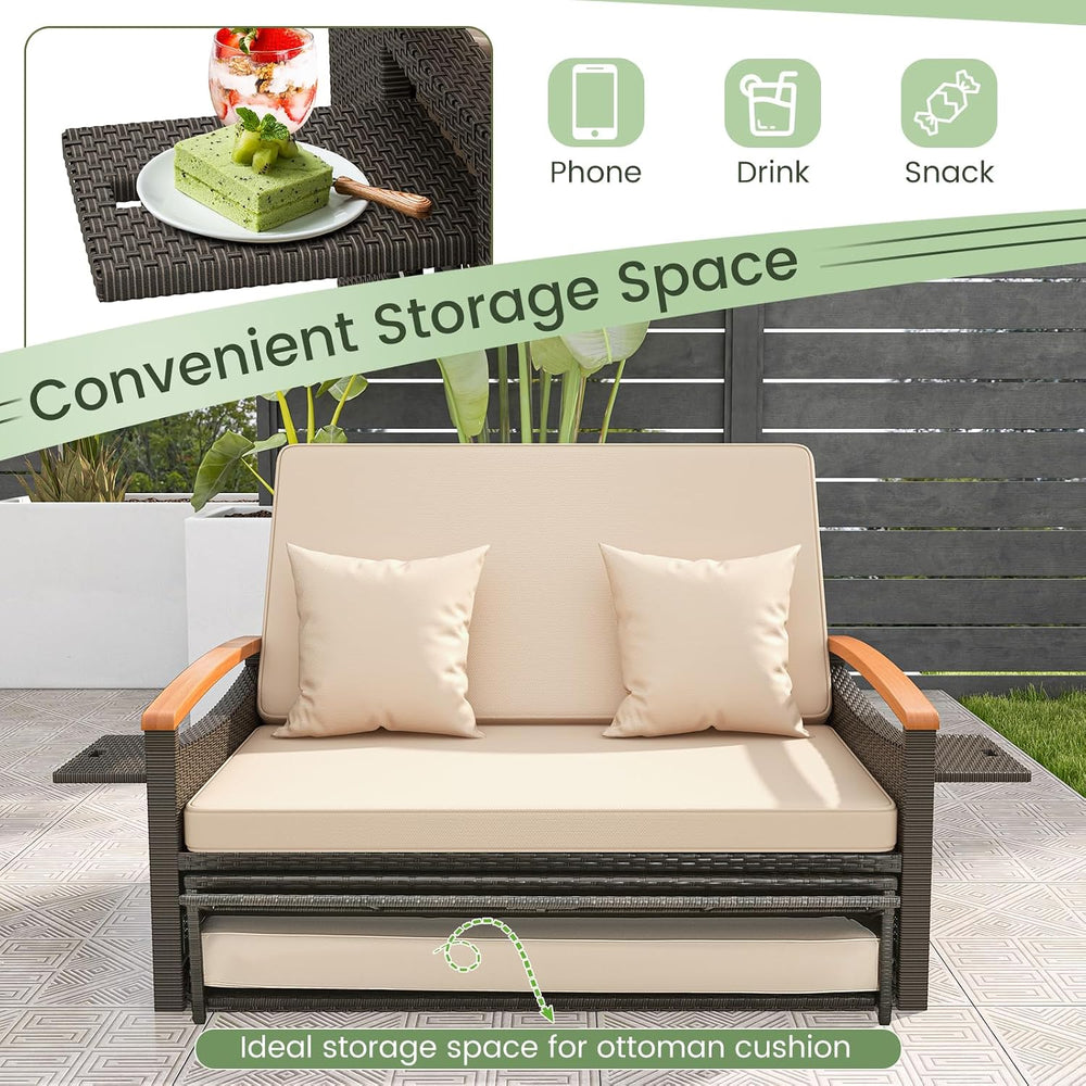Tangkula Patio Rattan Daybed, Outdoor Wicker Loveseat, Mix Brown & Beige