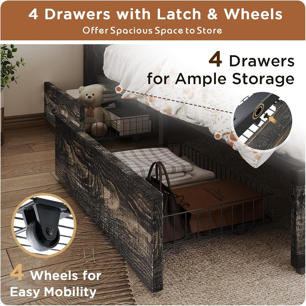Queen Size Wooden Bed Frame with 4 Storage Drawers